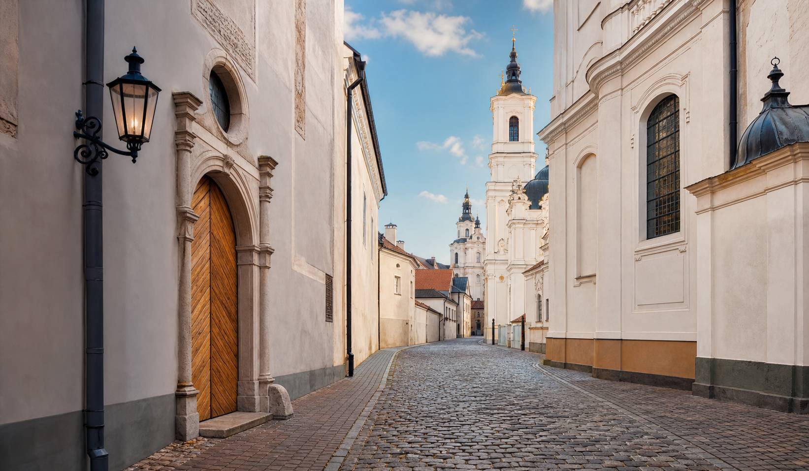 Rue étroite et paisible de vieille ville européenne bordée d'églises baroques aux façades claires