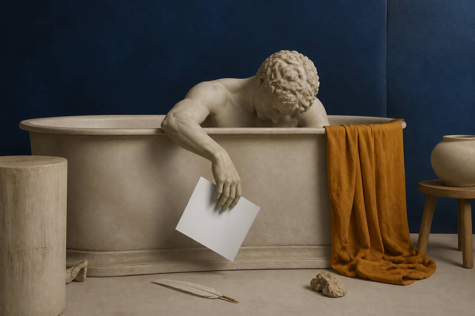 Détail d'un tableau avec une figure dans une baignoire et une lettre