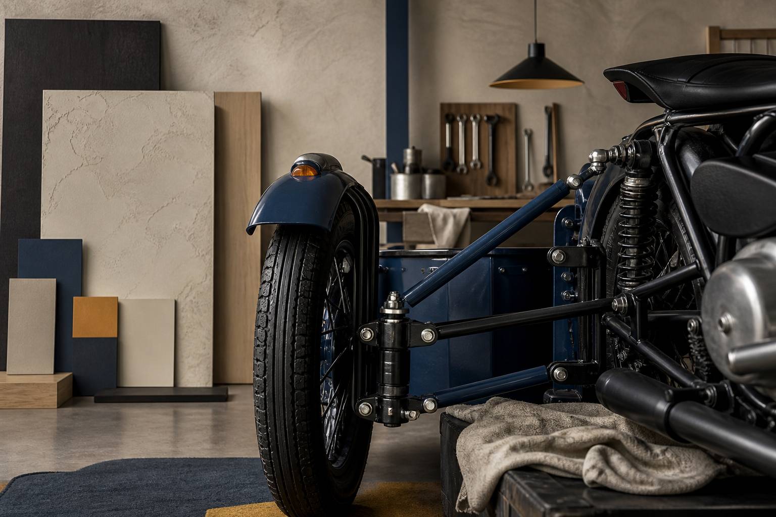 Détail des bras de fixation et de la roue latérale d'un sidecar
