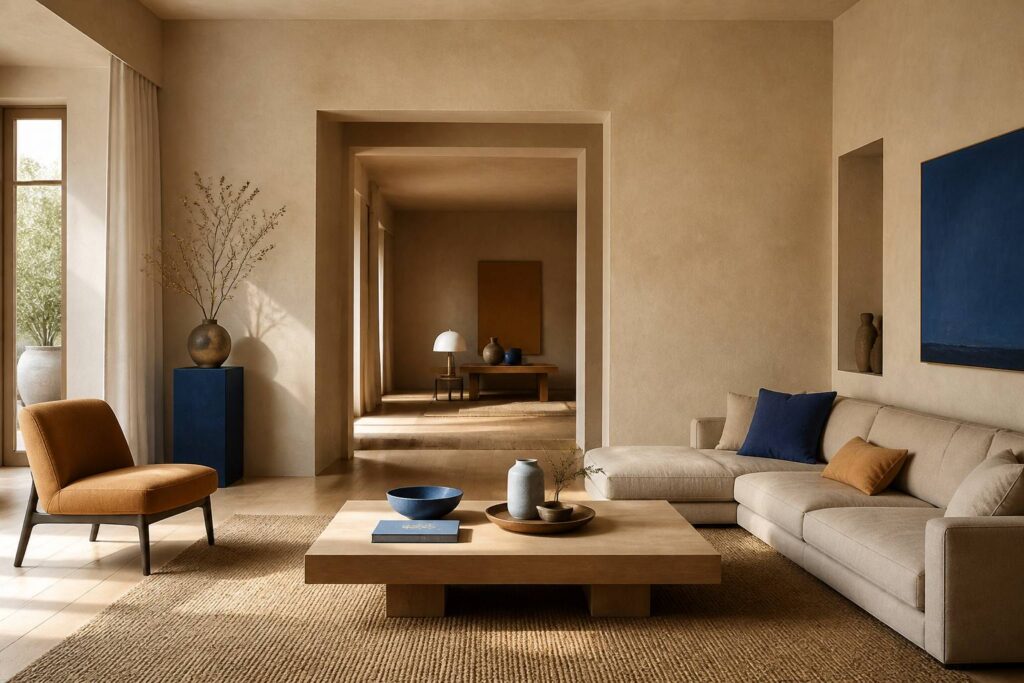 Salon aux murs beige avec canapé en lin et bois clair