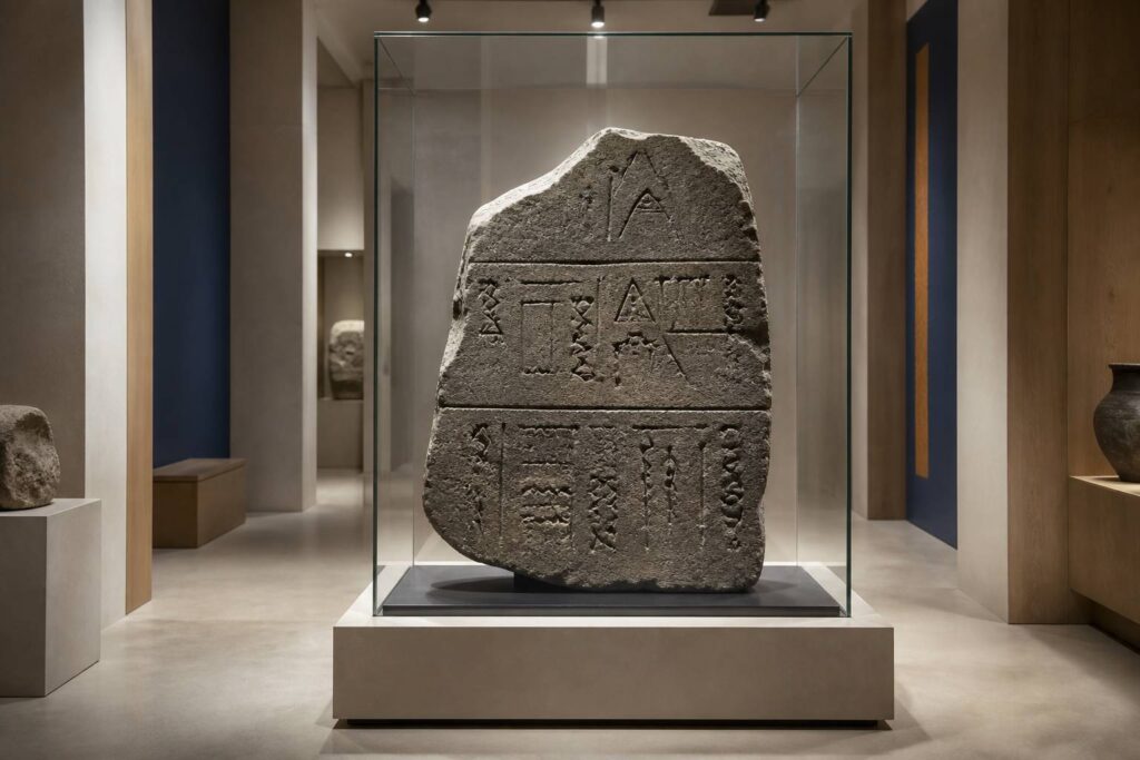 Stèle de pierre grise fragmentée aux inscriptions anciennes