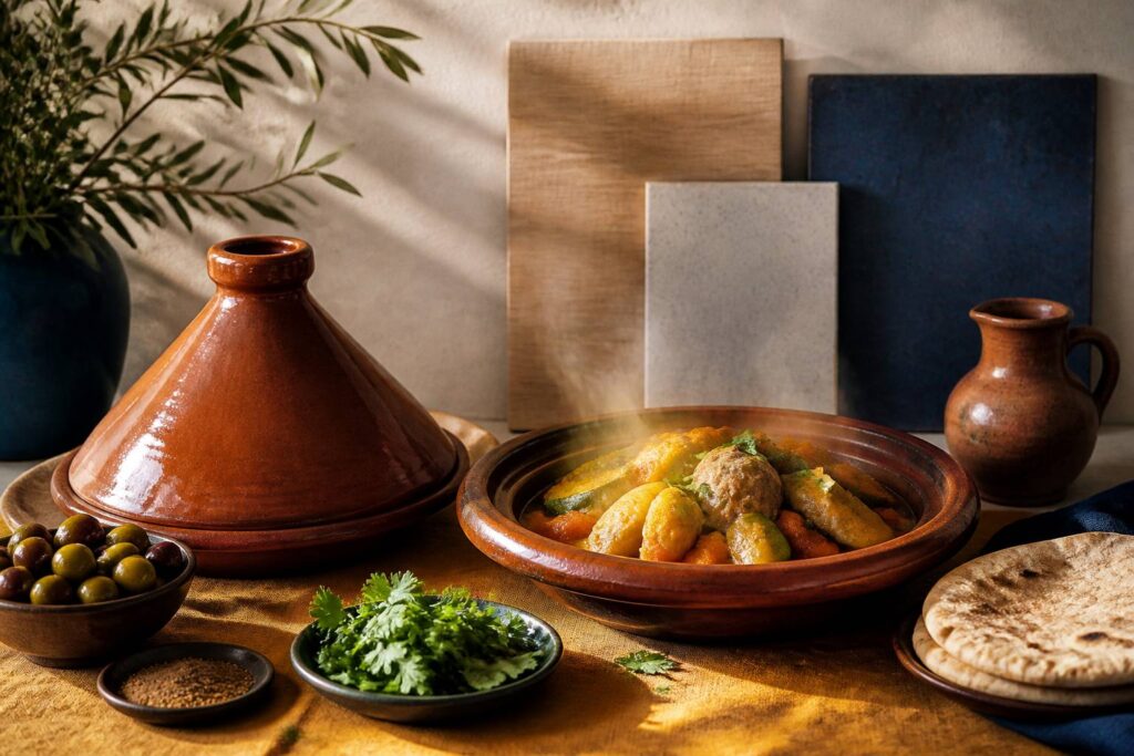 Tajine en terre cuite fumante avec son couvercle conique