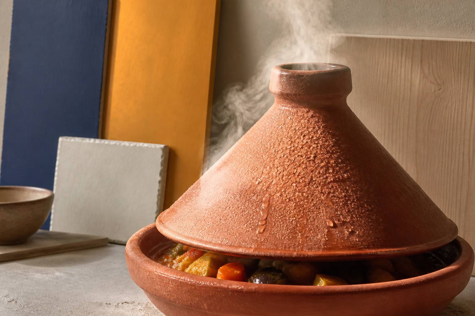 Vapeur s'échappant du couvercle conique d'une tajine
