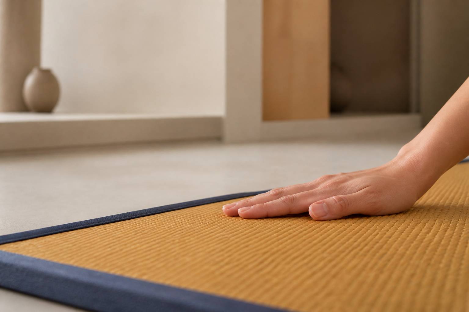 Détail d'un tatami en paille tressée avec bordure textile et main posée dessus