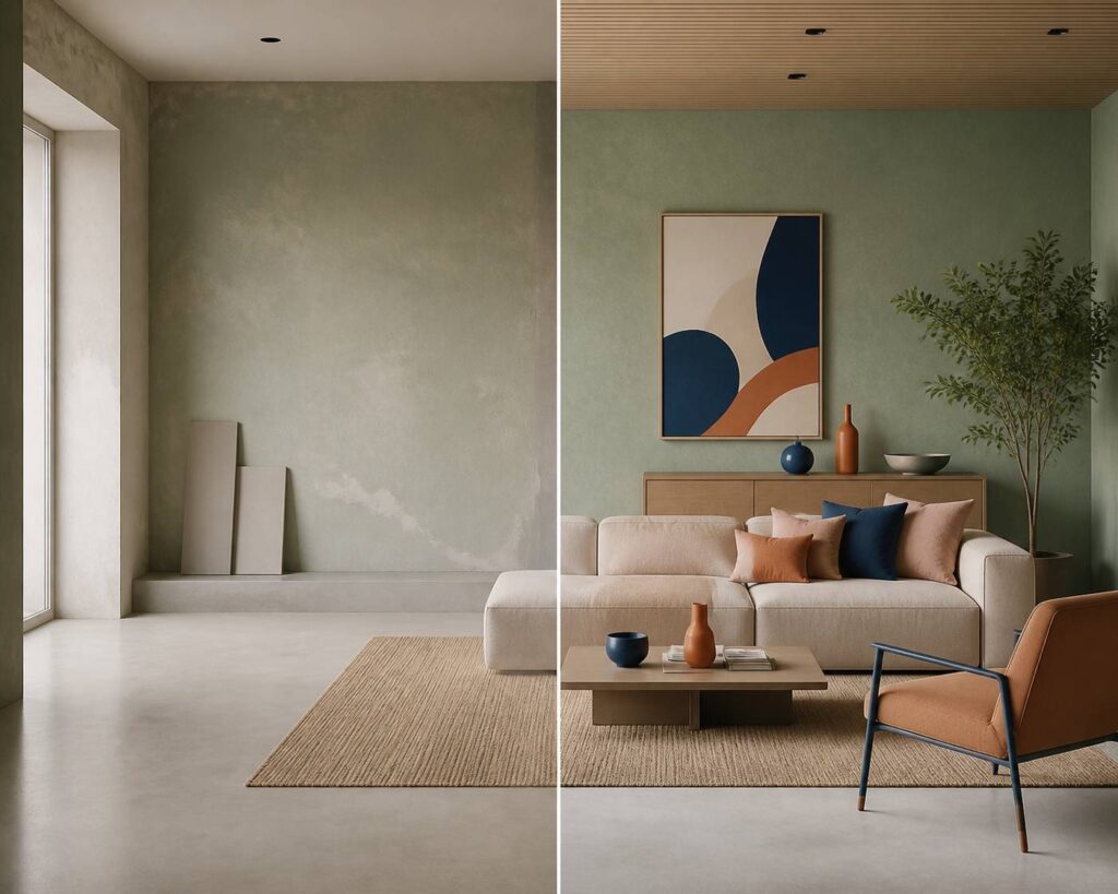 Salon contemporain aux murs vert d'eau avec canapé beige