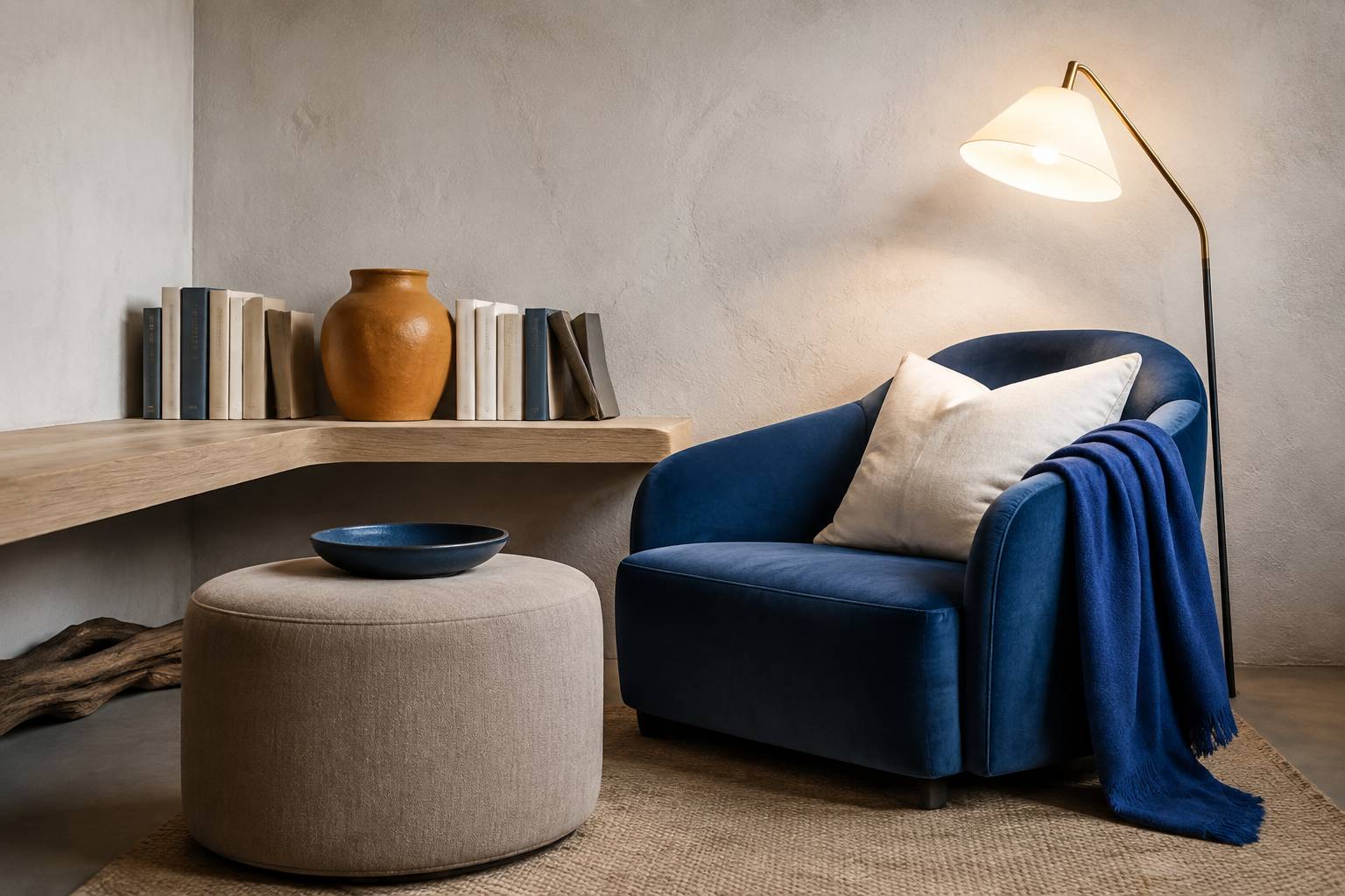 Coin lecture avec fauteuil en velours ottanio, pouf tortora et lampe au sol