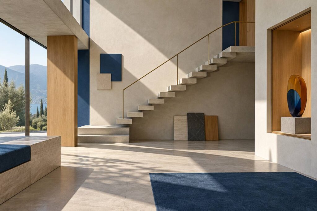 Escalier en béton avec garde-corps en laiton dans un intérieur moderniste italien