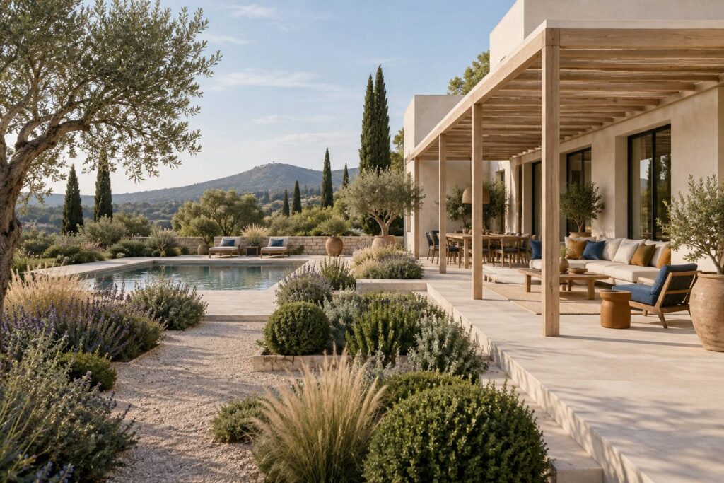 Auvent en bois clair adosse a une maison dans un jardin contemporain