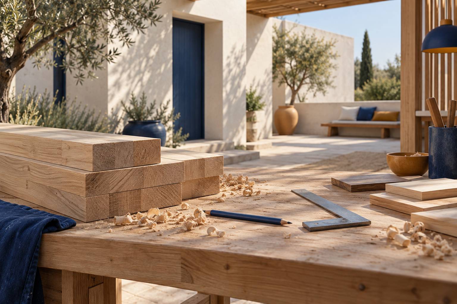 Poutres de bois lamelle empilees sur un etabli d'atelier