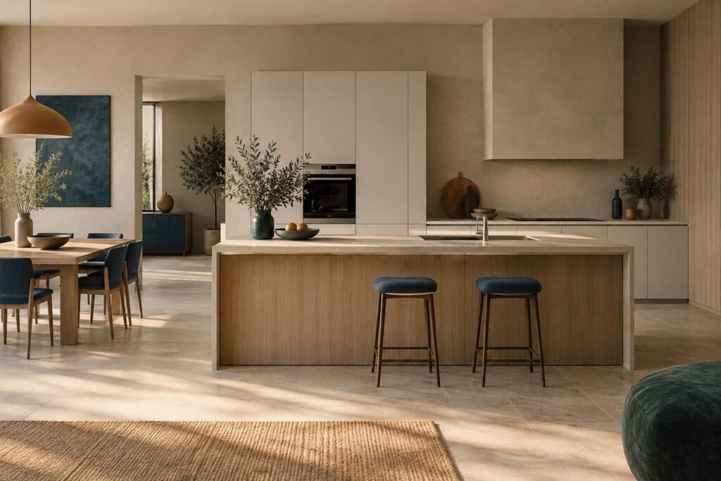 Grand appareil electromenager sobre encastre dans une cuisine italienne claire