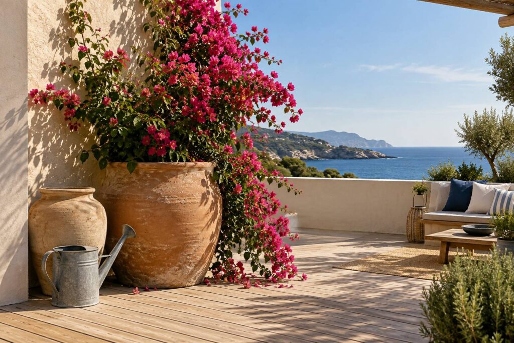 Bougainvillier en pot sur une terrasse ensoleillée contre un mur clair