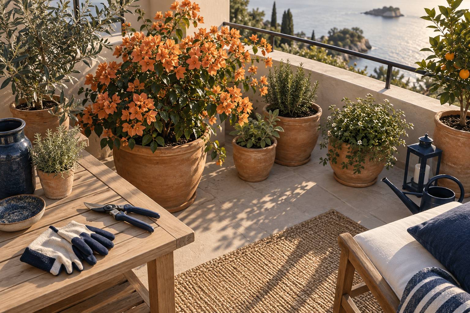Pots de balcon alignés avec sécateur et substrat drainant