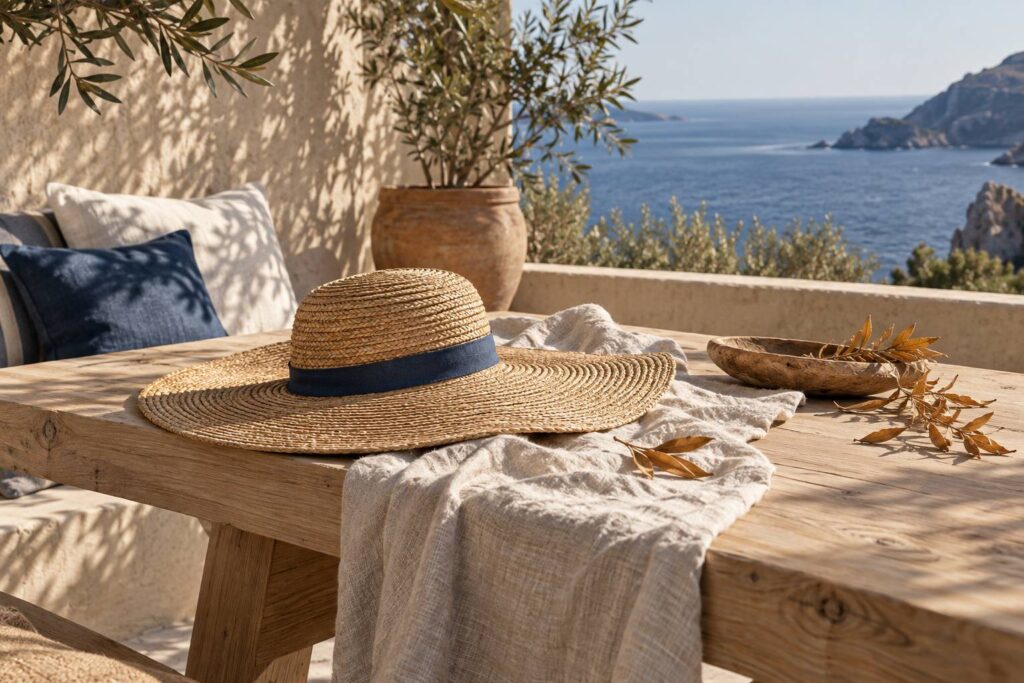 Chapeau de paille tresse a larges bords pose sur un tissu en lin