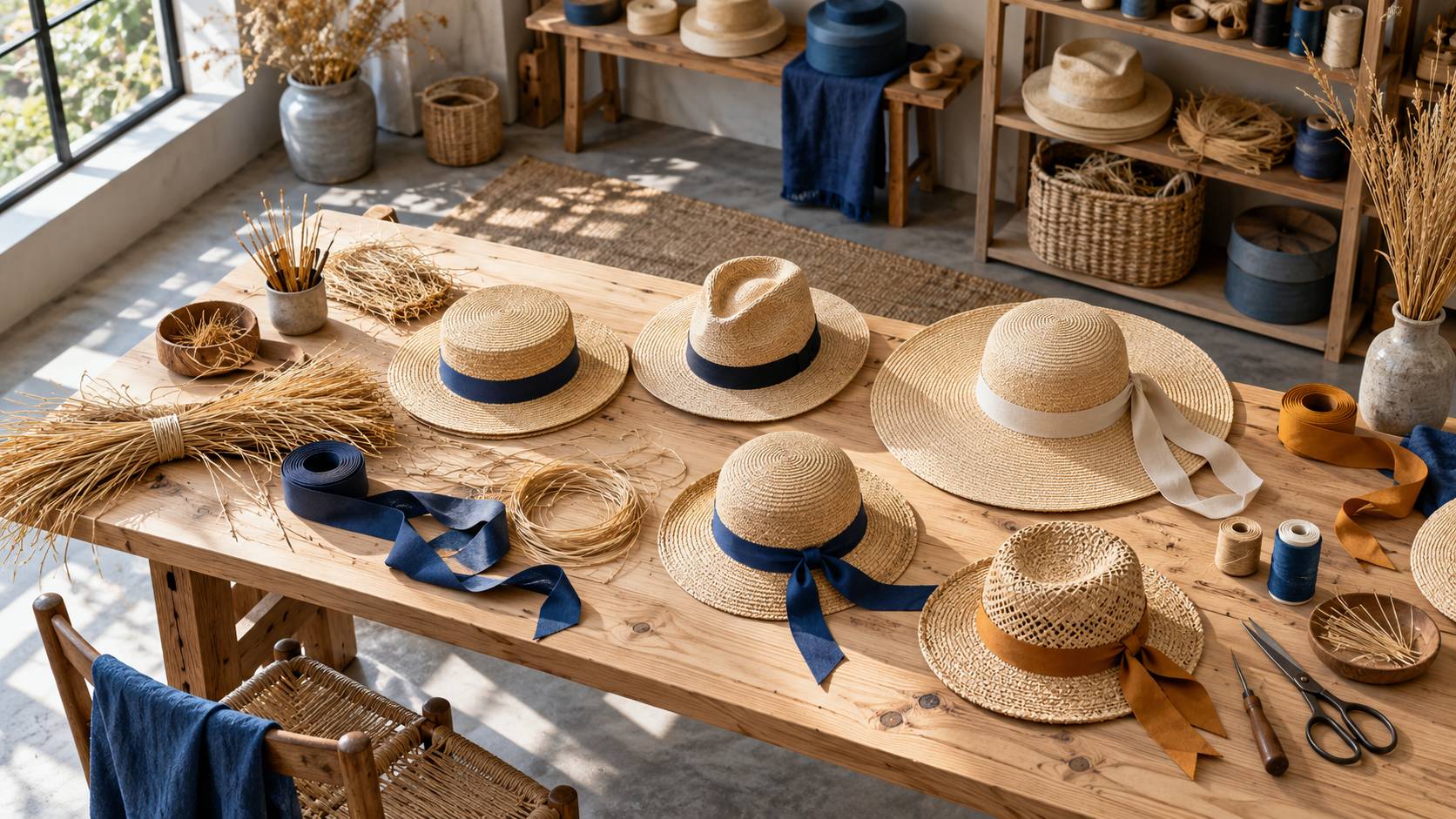 Plusieurs chapeaux de paille alignes sur un etabli de tressage