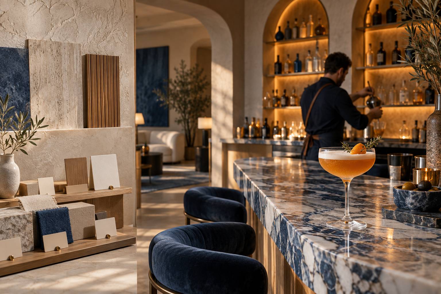 Vue large sur un cocktail d'auteur posé sur le comptoir en marbre, décorateur en train de préparer un second v