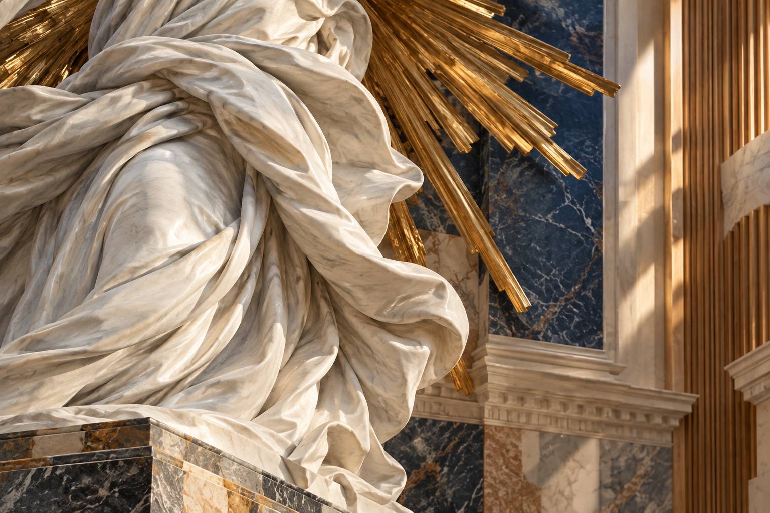 Détail d'un drapé de marbre blanc et de rayons en bronze doré baroque