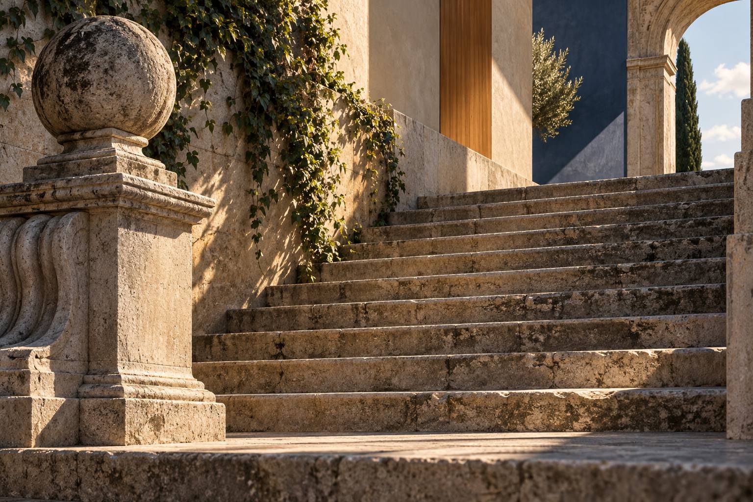 Détail d'un escalier de pierre et d'une sculpture dans une architecture italienne