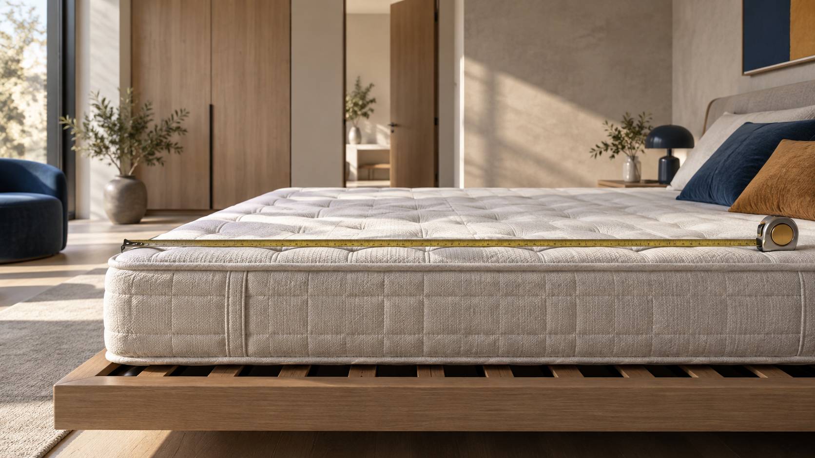 Détail d'un matelas king size mesuré au mètre ruban