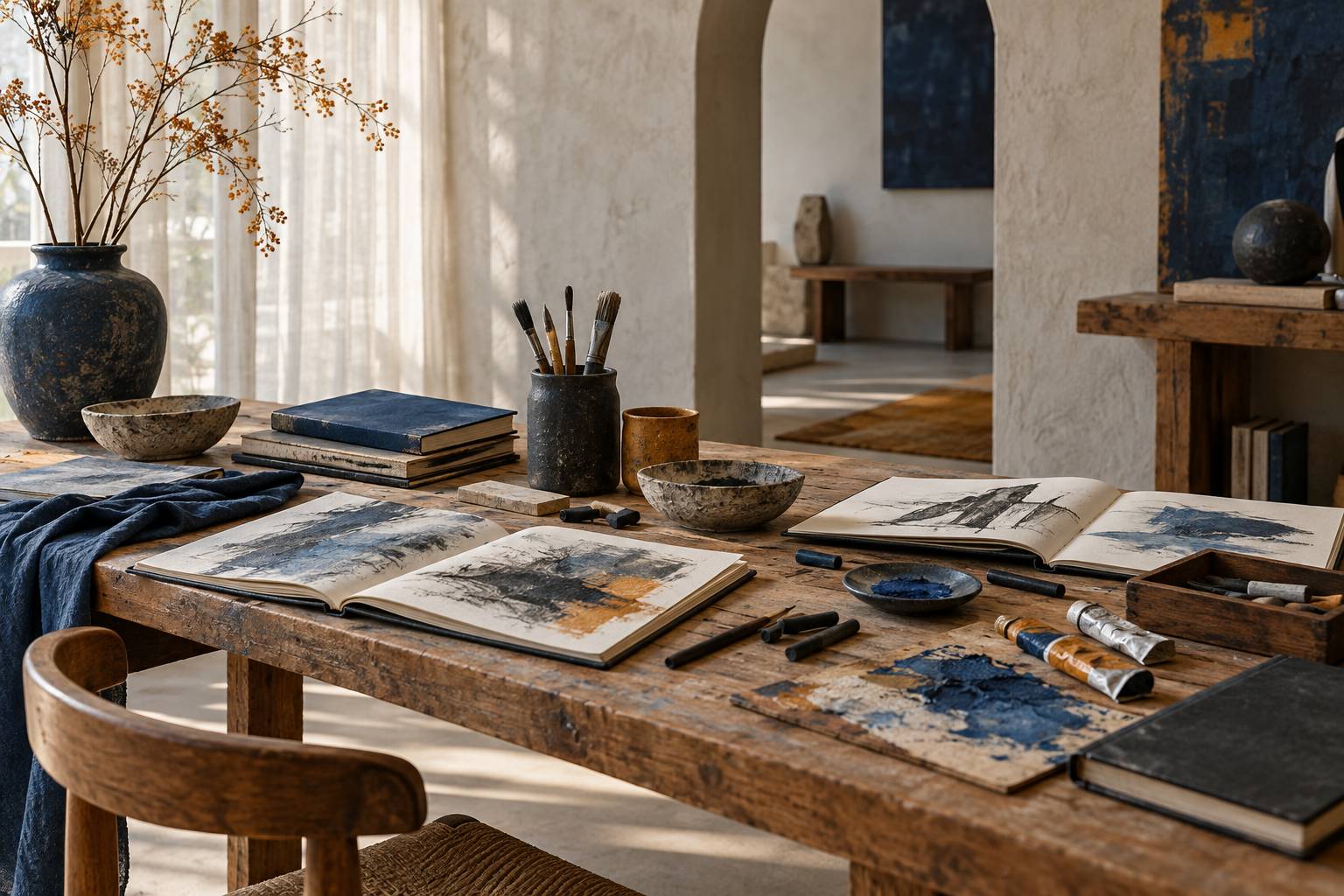 Atelier de peintre avec chevalet, croquis au fusain et palette de couleurs