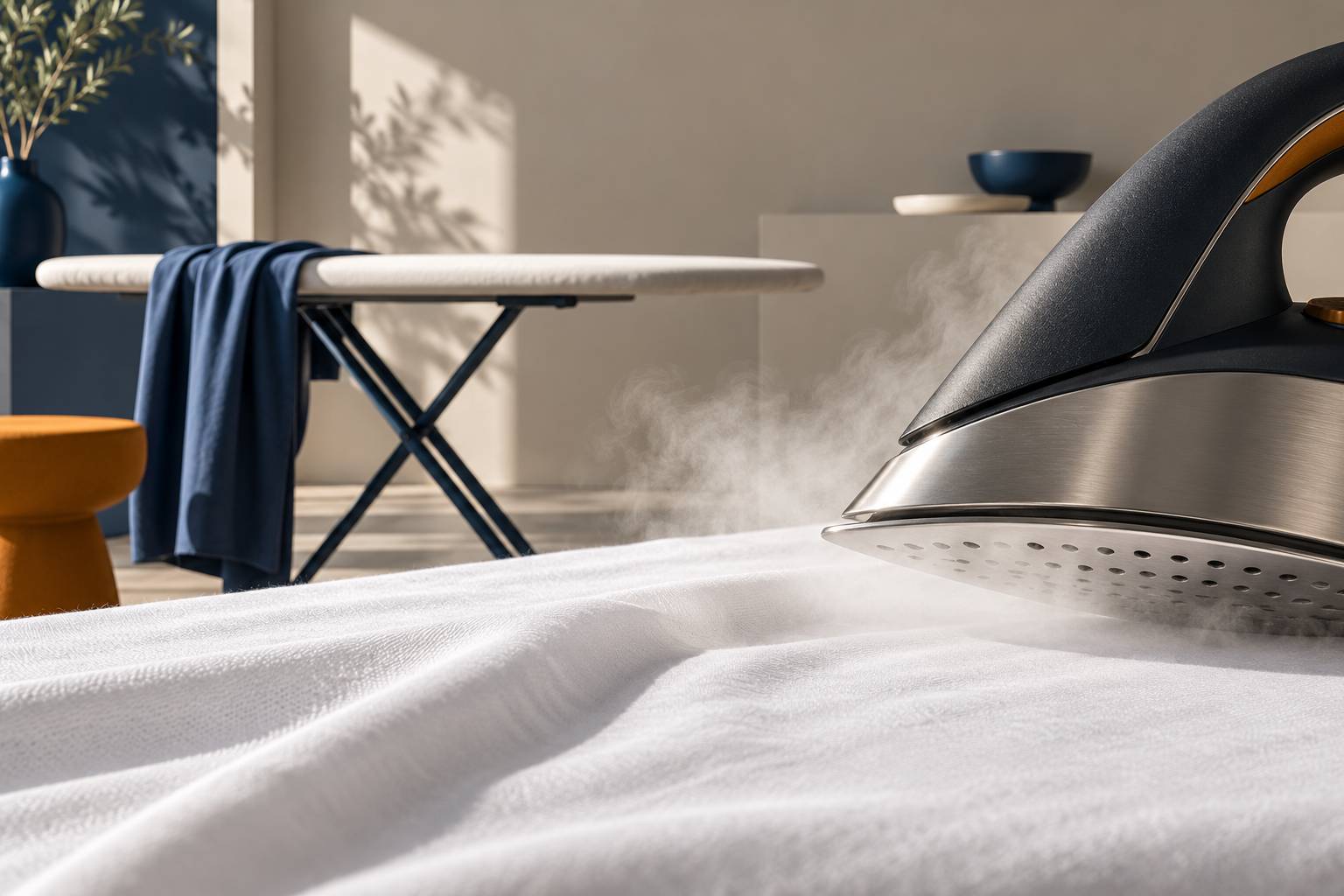 Semelle de fer a vapeur repassant un tissu blanc