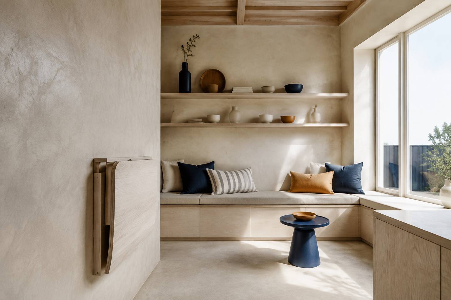 Coin salon d'une tiny house avec banquette en bois et coussins en lin