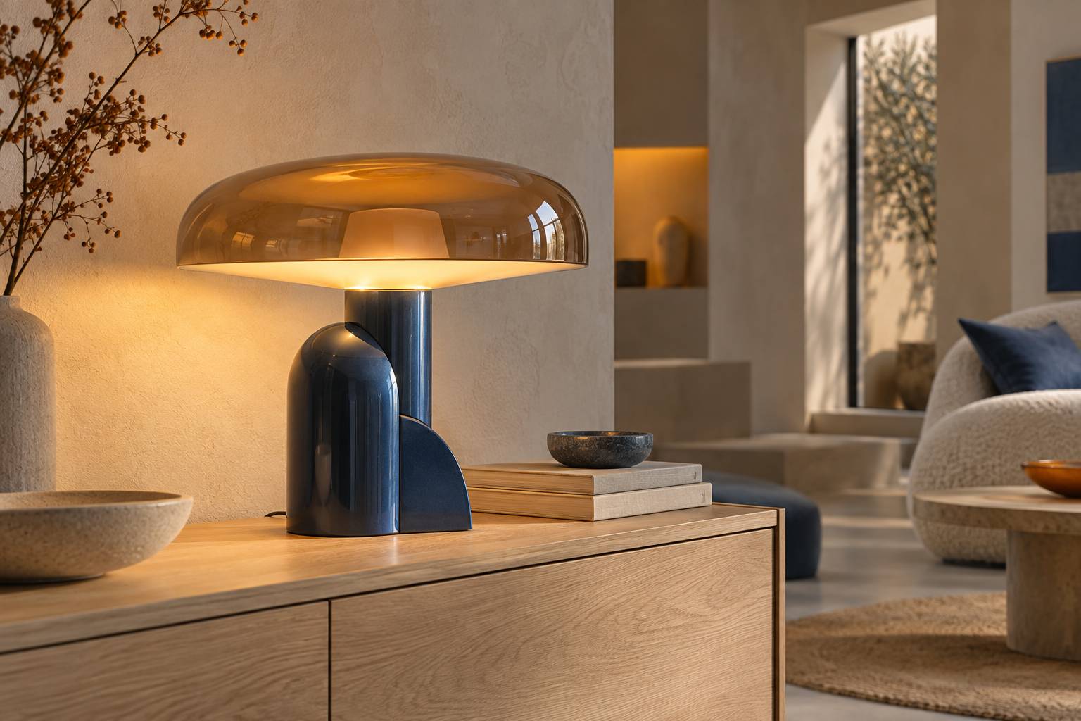 Detail d'une lampe de table de designer diffusant une lumiere chaude