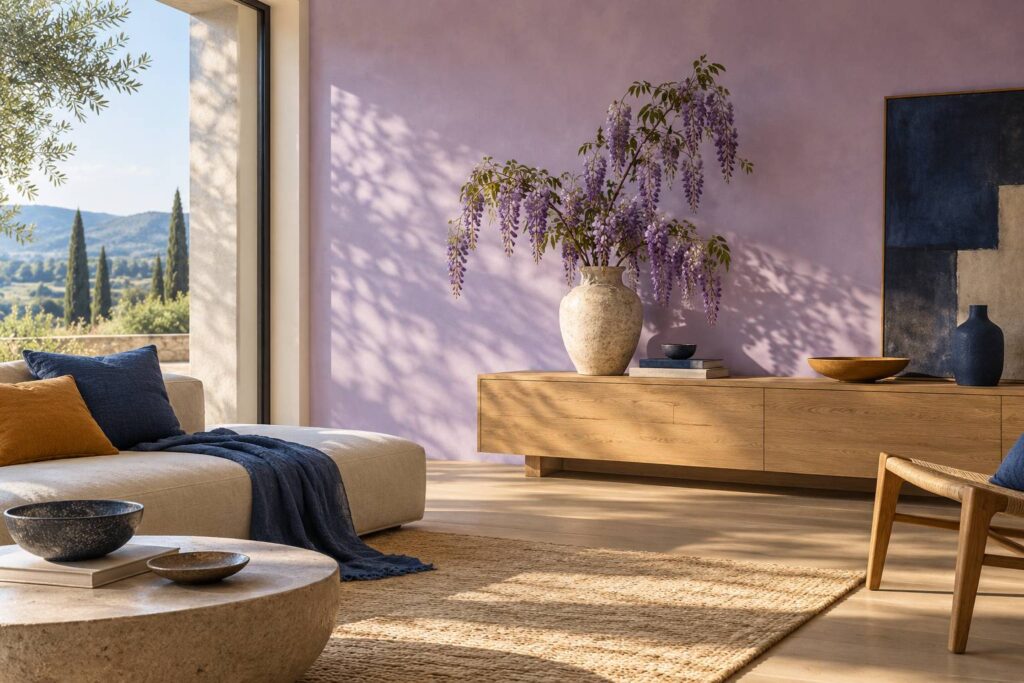 Mur lilas lumineux avec meuble en bois clair et fleurs de glycine