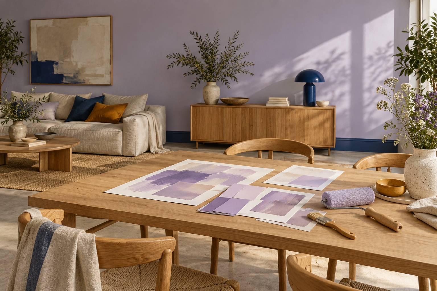 Echantillons de peinture lilas, rouleau et pinceau dans une piece claire