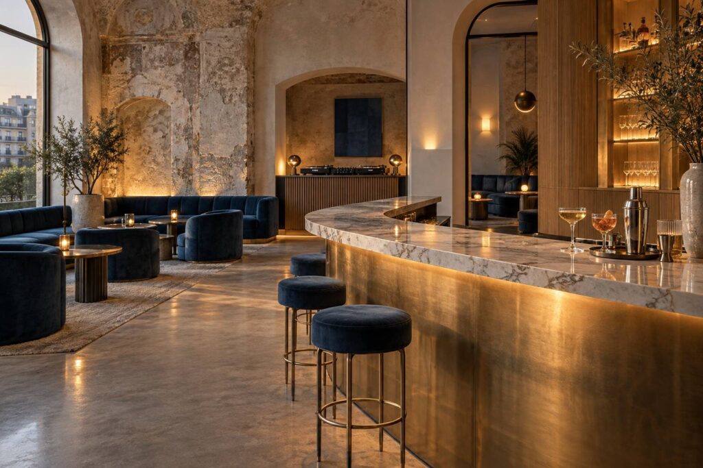 Vue large d'un bar-lounge urbain élégant le soir : comptoir en laiton et marbre, verres à cocktail et shaker a