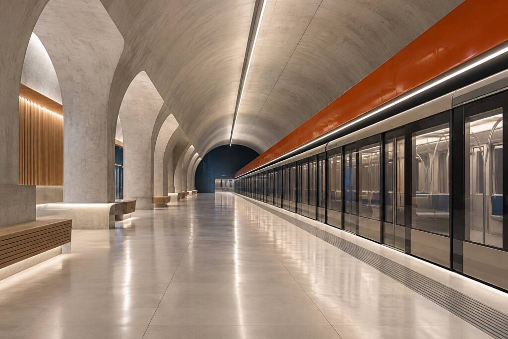 Quai de métro moderne avec bande rouge et rame stationnée