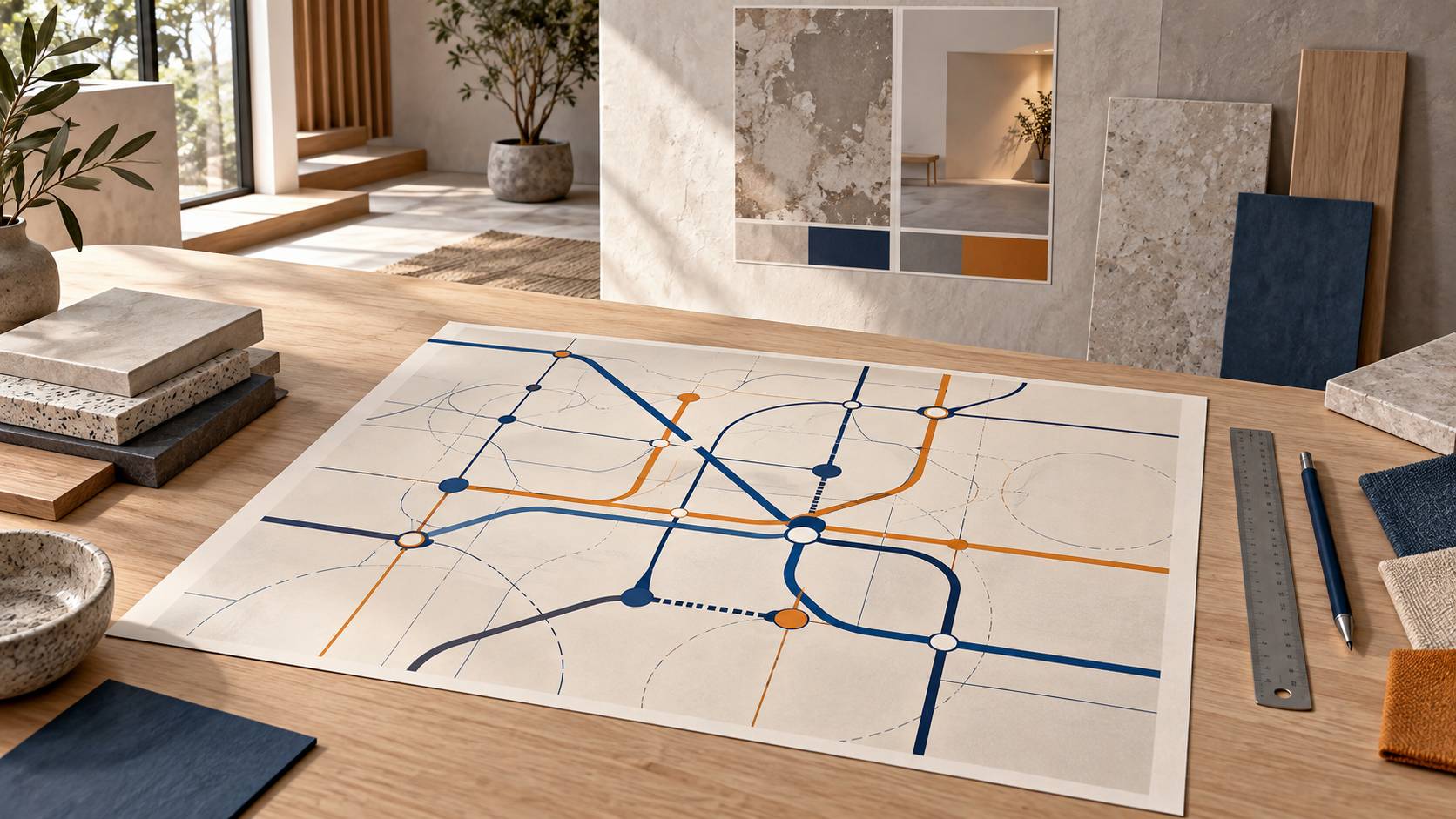 Plan de réseau schématique coloré sur un plan de travail en bois