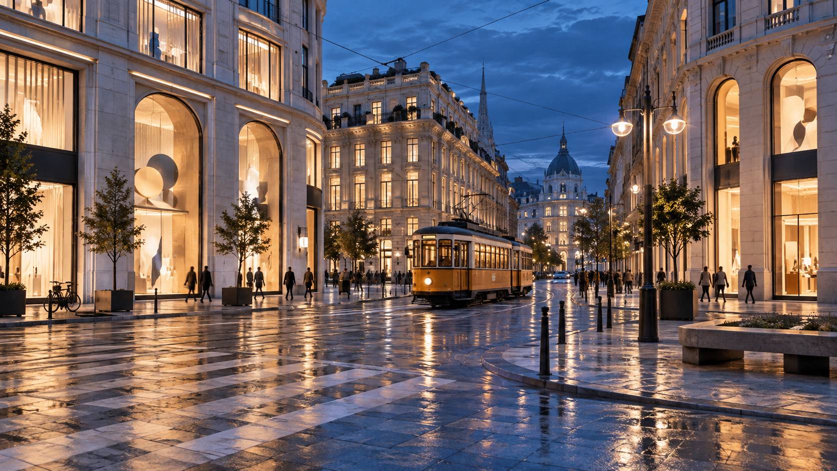 Carrefour milanais avec vitrines stylisées et tramway en soirée