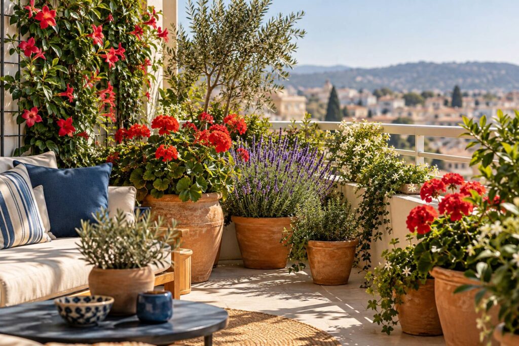 Balcon ensoleille garni de pots de geraniums, lavande et dipladenia