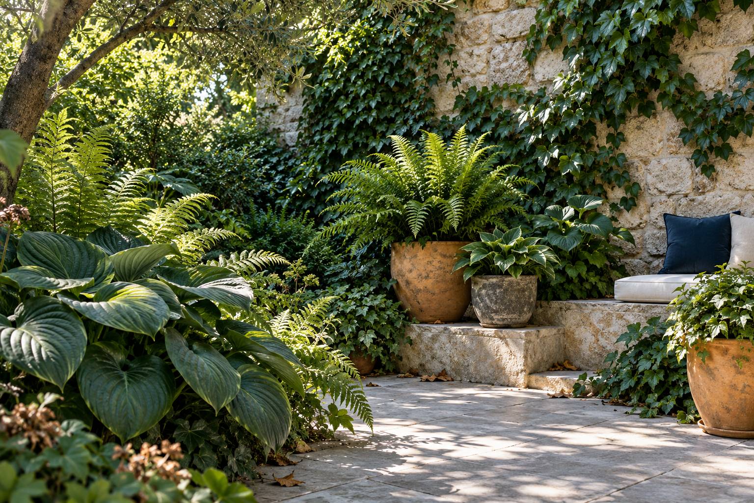 Coin de jardin ombrage avec fougeres, hostas et lierre