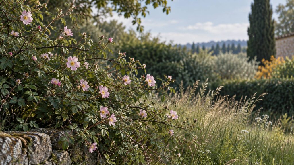 Buisson de rosier sauvage en fleurs en lisière de jardin