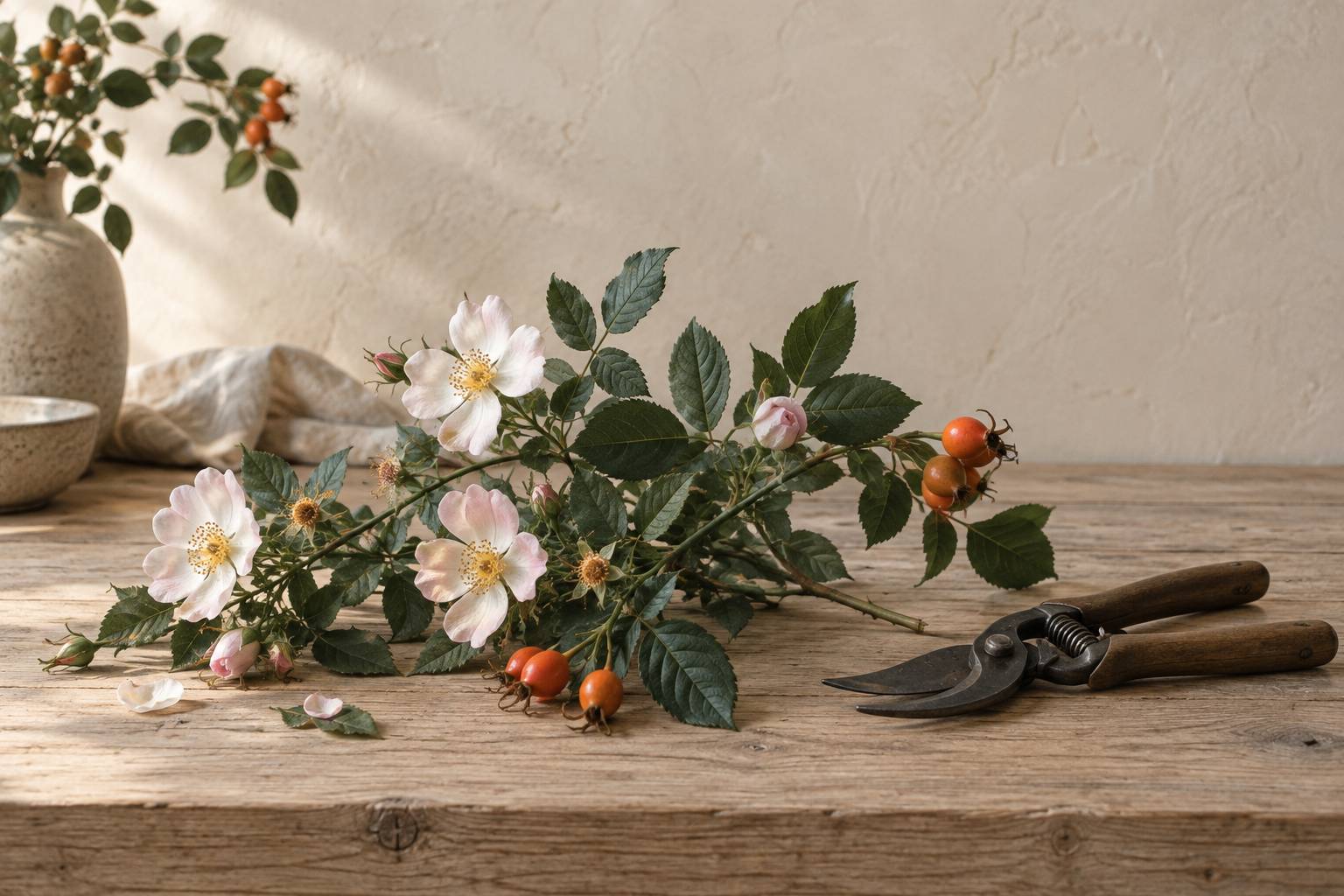 Rameau de rosier sauvage avec baies orangées sur une table en bois