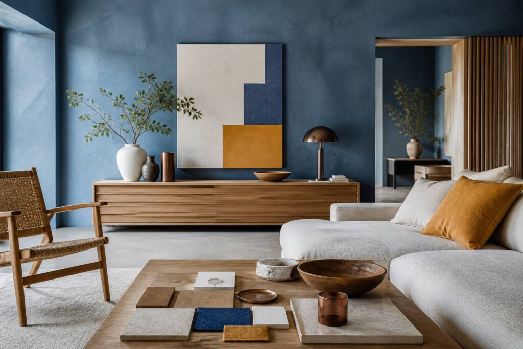 Salon aux murs bleu sucre désaturé avec canapé en tissu clair