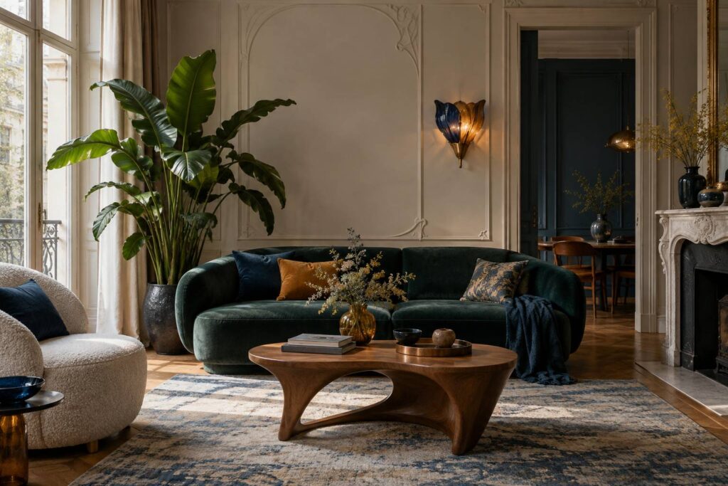 Salon d'inspiration Art nouveau au velours vert et bois courbe