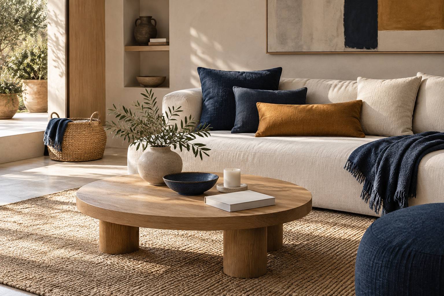 Plaid, coussins et panier en osier sur une table basse en bois clair
