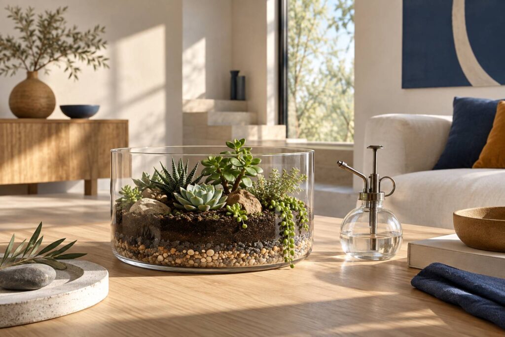 Terrarium en verre ouvert avec couches de gravier et plantes grasses