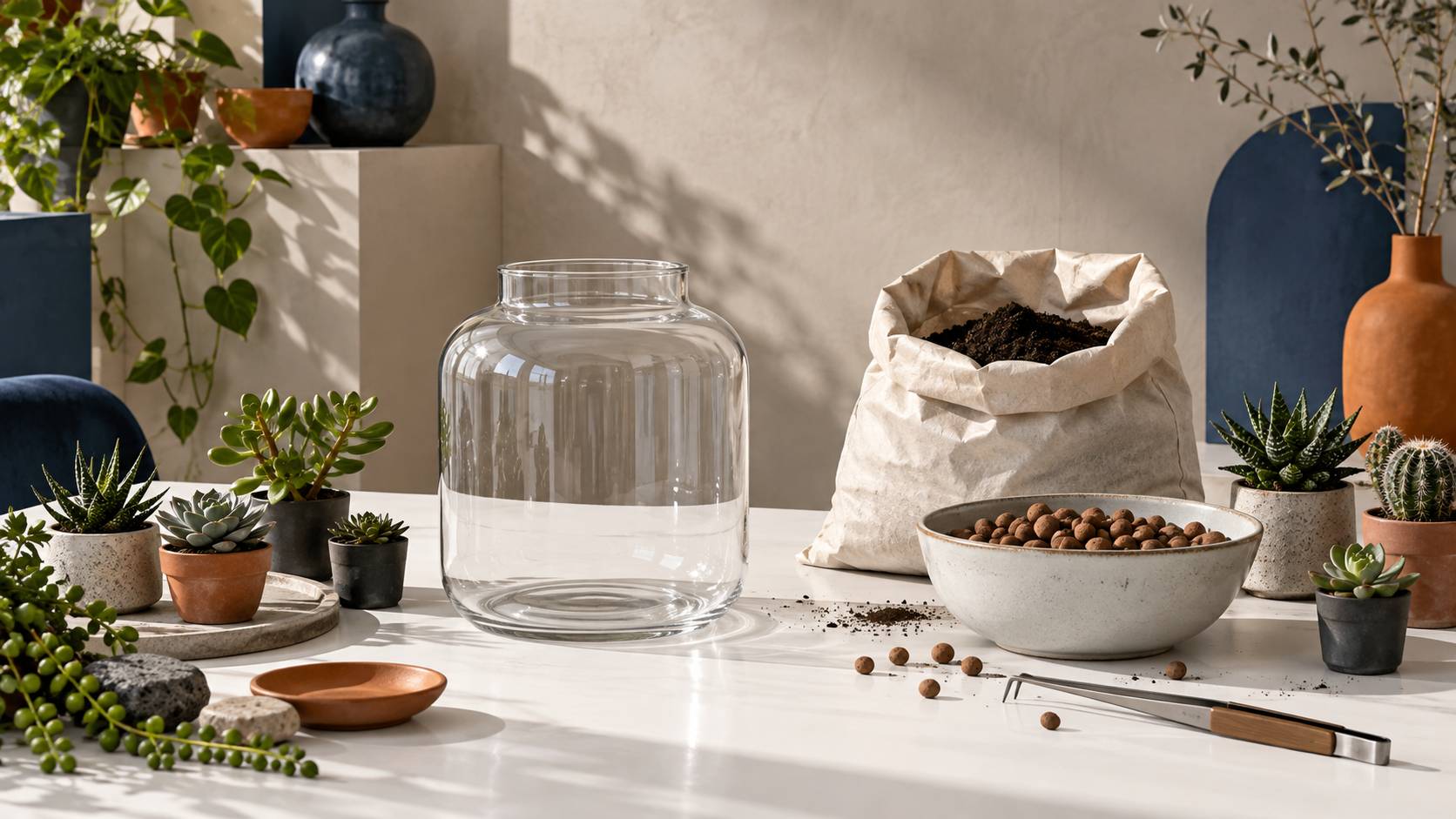 Bocal vide, substrat et plantes grasses sur un plan de travail