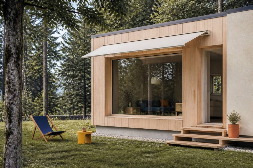 Petite maison en bois clair avec baie vitrée dans une clairière