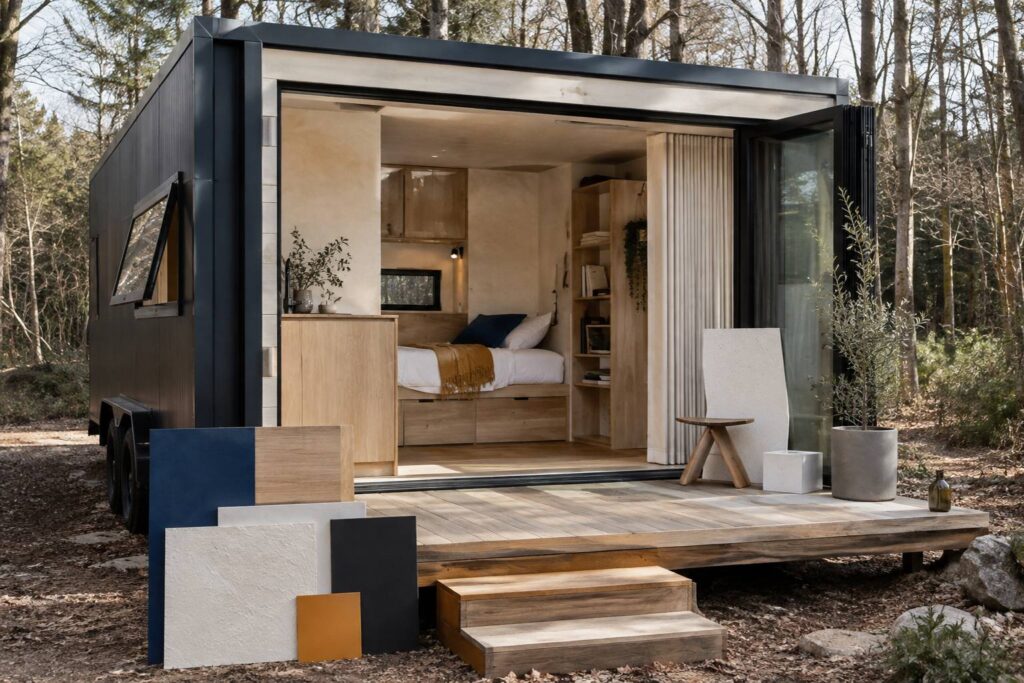 Petite maison sur remorque en bois clair et métal sombre avec terrasse, dans une clairière