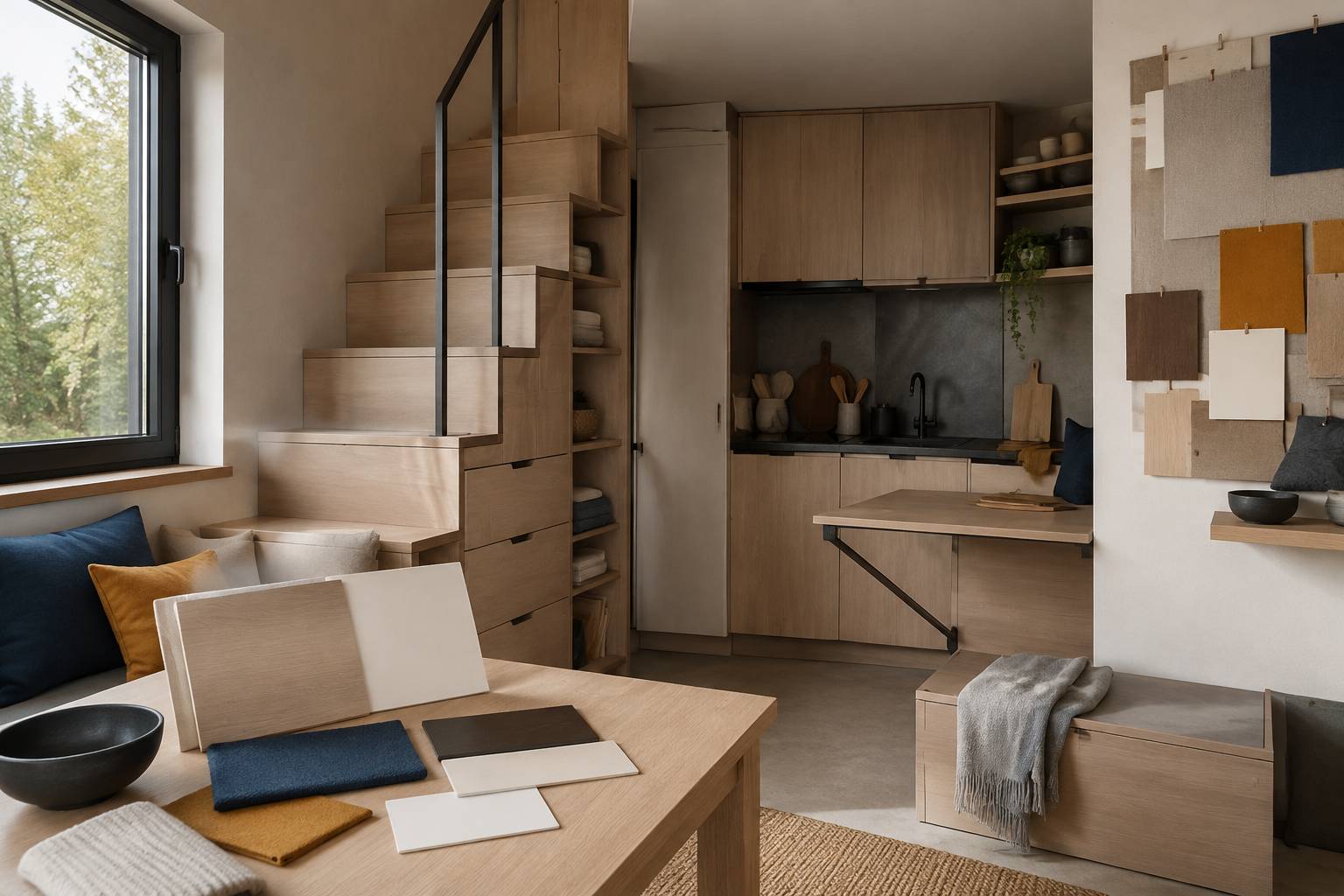 Intérieur compact de tiny house en bois clair avec meubles transformables et escalier à tiroirs