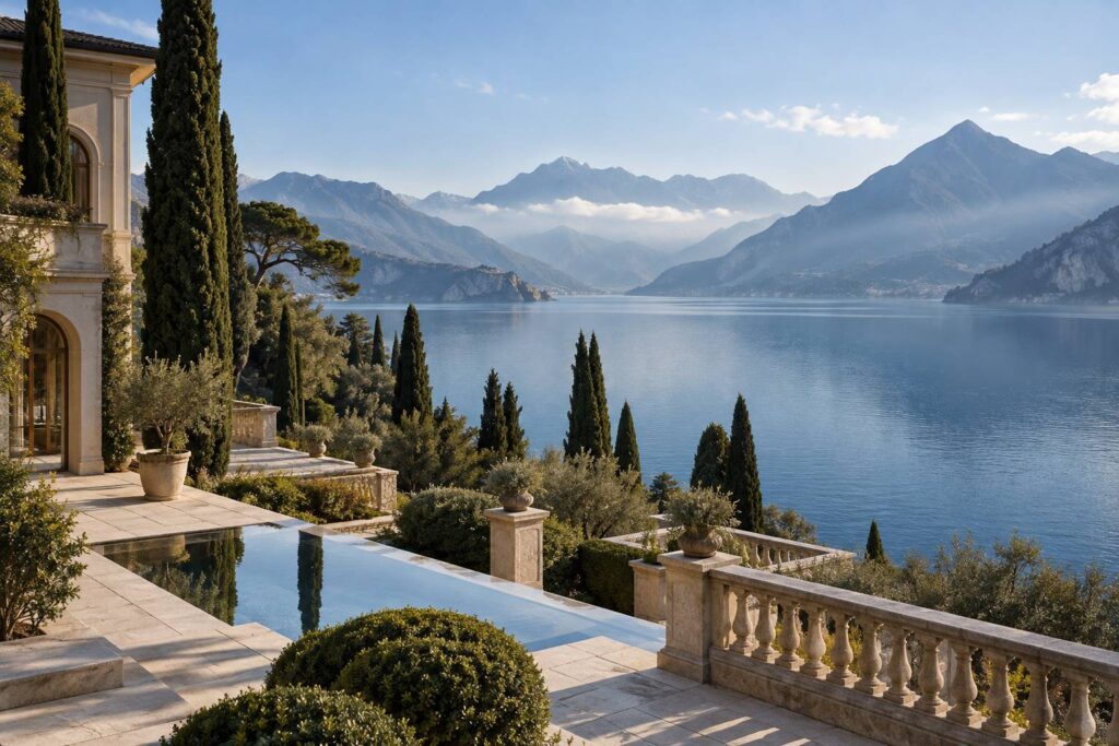 Lac alpin bordé de montagnes avec jardin de villa historique et balustrade de pierre au matin