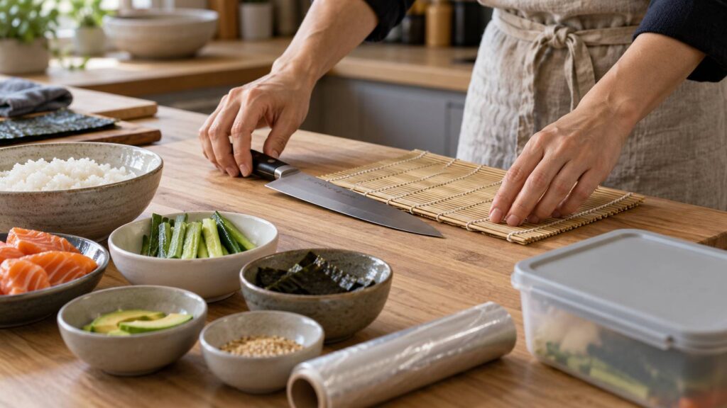 Illustration de détail sur le sujet : Arredare la cucina per preparare il sushi: piano di lavoro, utensili e