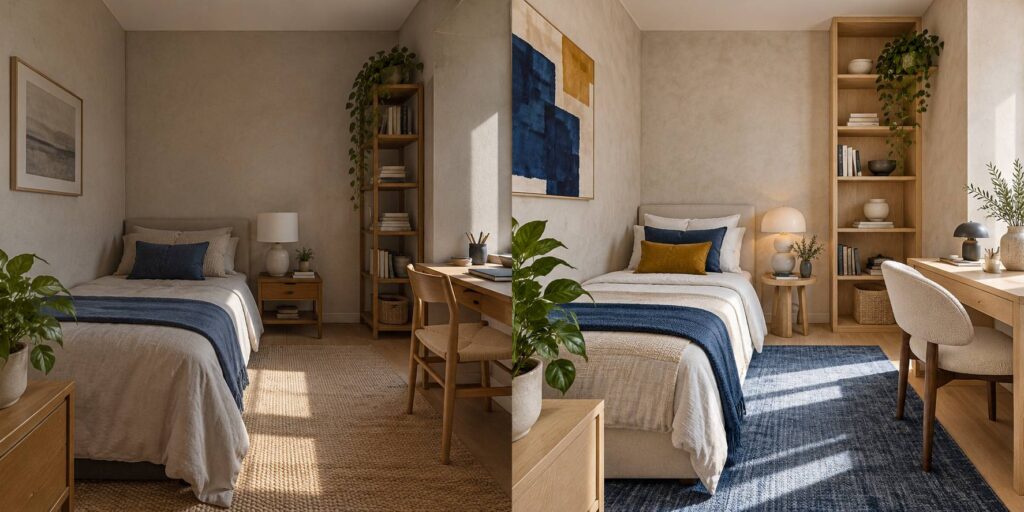 Petite chambre meublée avec lit étroit, bureau compact et étagère en bois