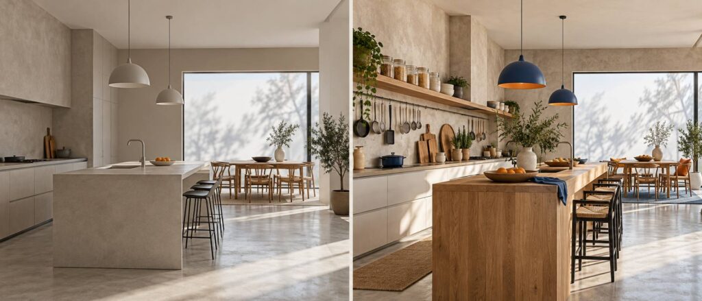 Cuisine ouverte avec long plan de travail en bois, ustensiles suspendus et bocaux de verre