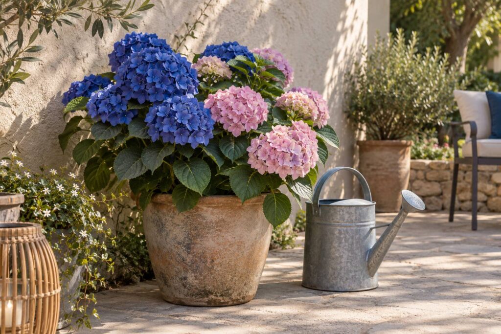Pied d'hortensia en pot avec fleurs bleues et roses sur une terrasse