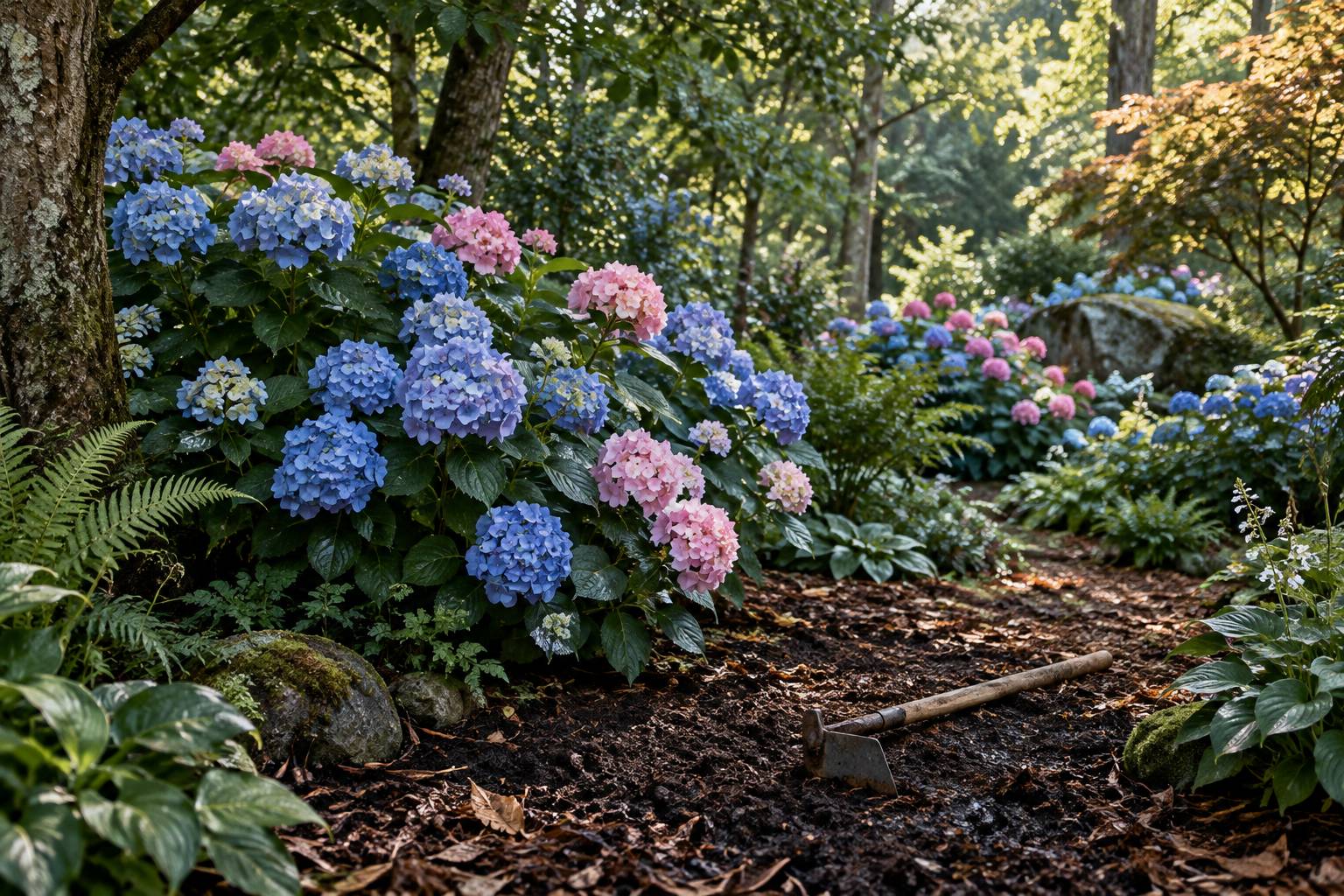 Hortensias en fleurs aux teintes bleues et roses dans un jardin ombrage